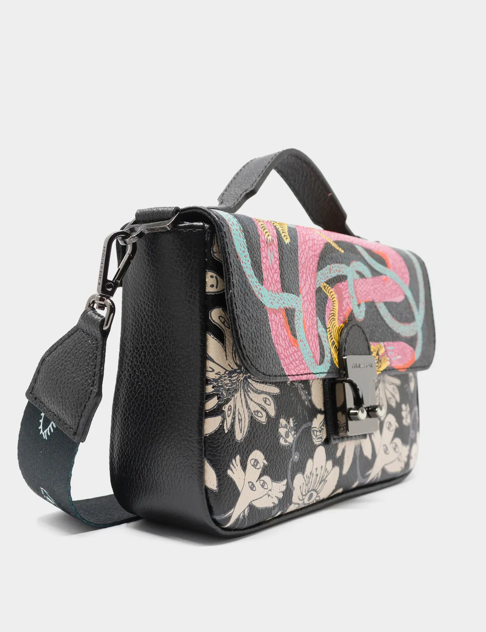 Amantis Black Leather Crossbody Mini Handbag - Tiger and Snake Design