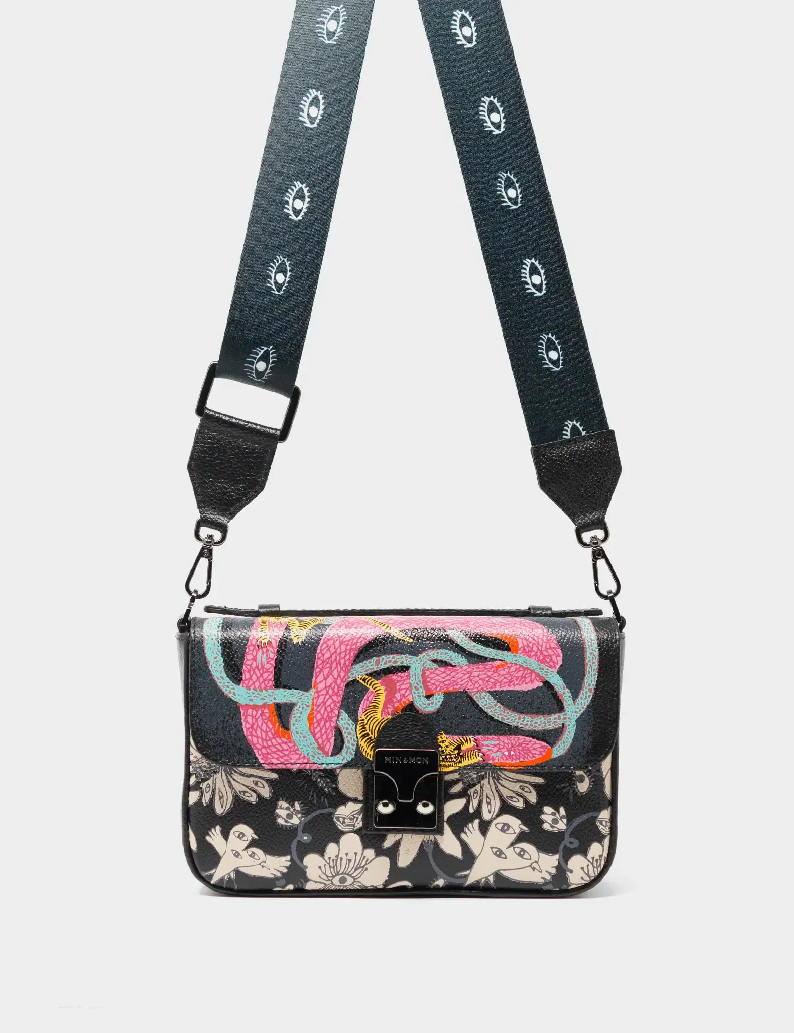 Amantis Black Leather Crossbody Mini Handbag - Tiger and Snake Design