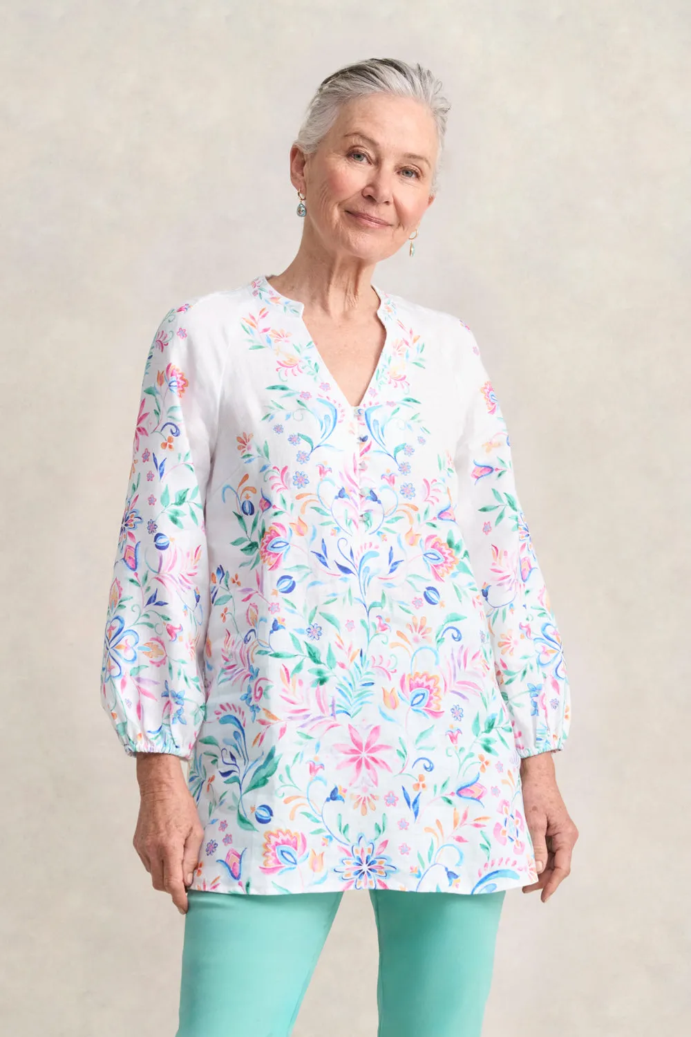Border Print French Linen Tunic - Jeanne Border Print