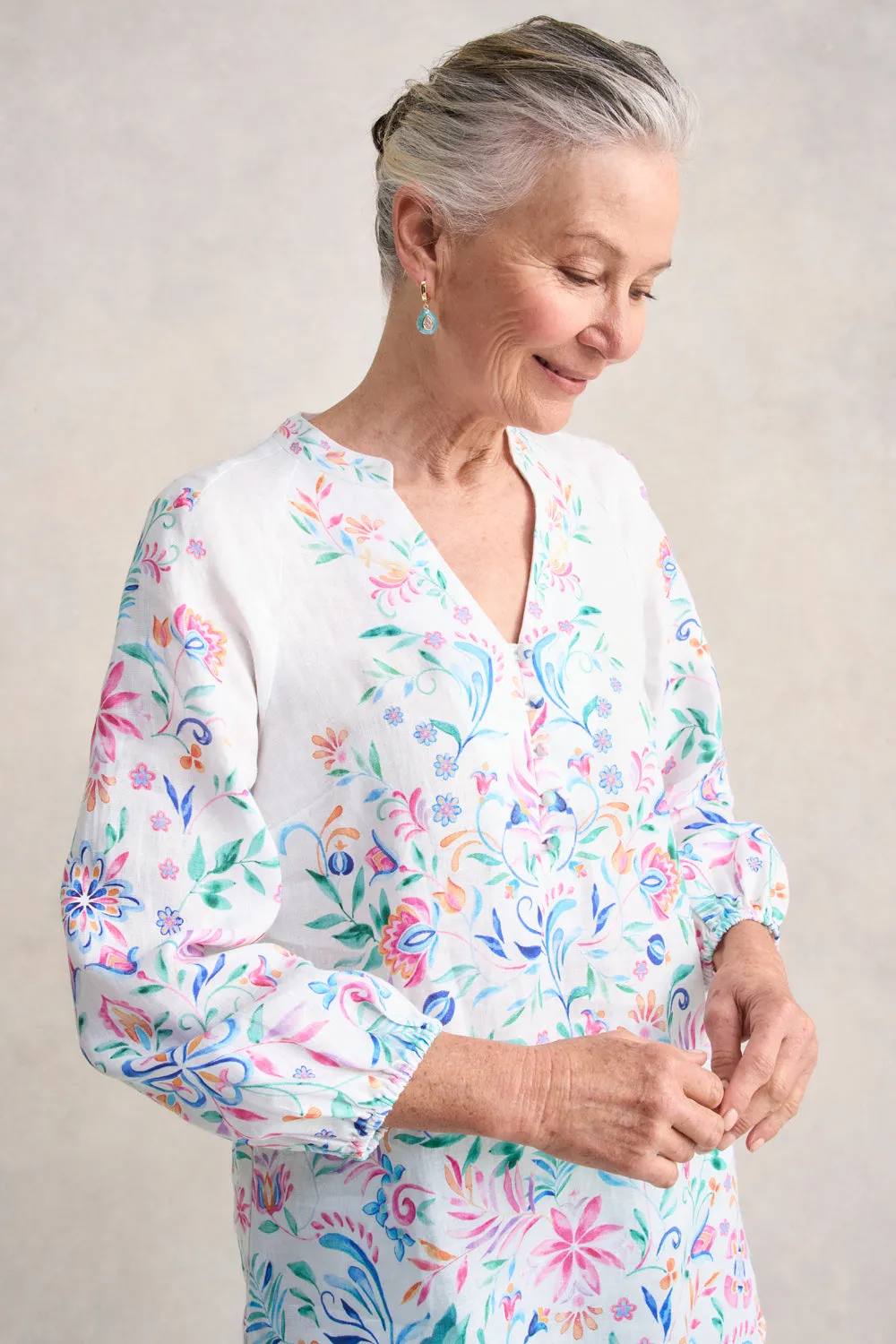 Border Print French Linen Tunic - Jeanne Border Print