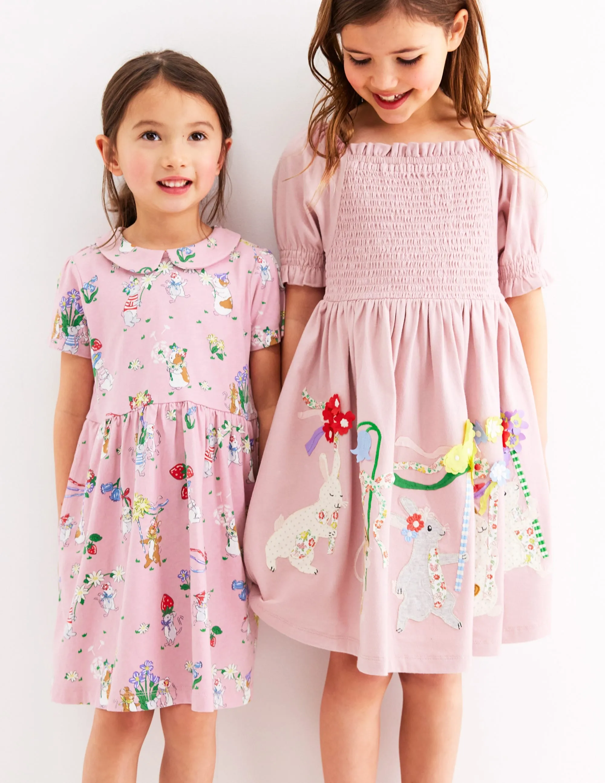 Clare Shirred Appliqué Dress-Vintage Pink May Day Animals