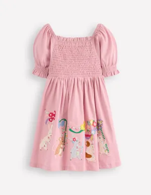 Clare Shirred Appliqué Dress-Vintage Pink May Day Animals