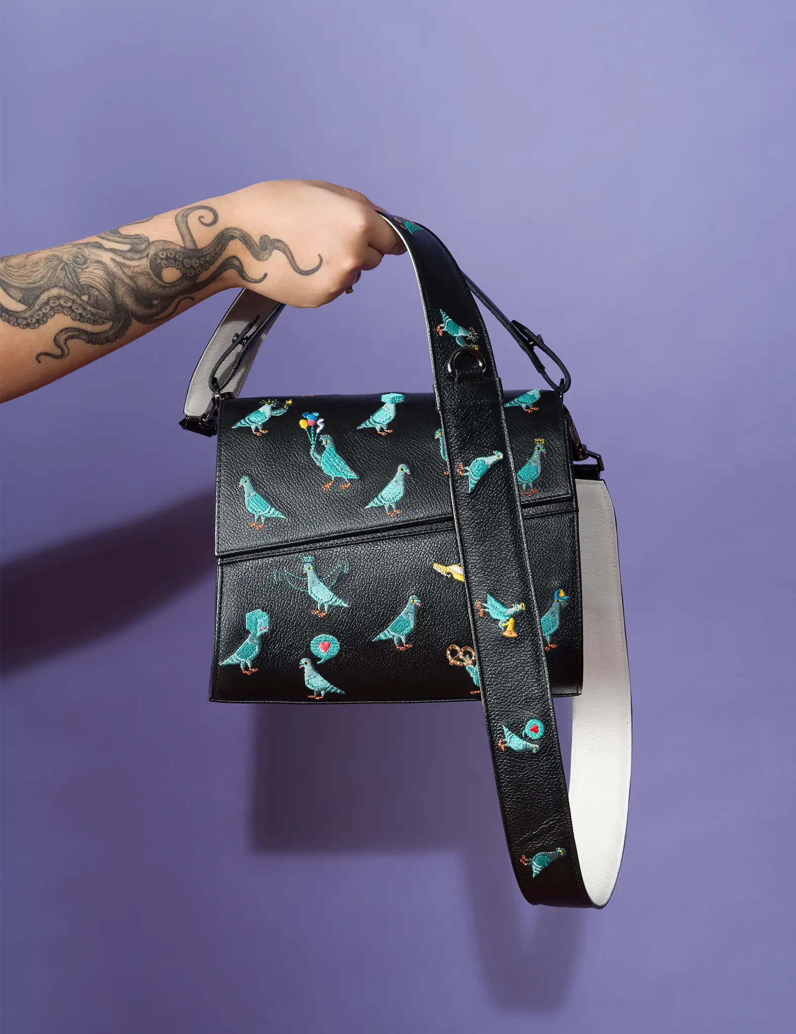 Detachable Black Leather Shoulder Strap - Pigeonista Embroidery