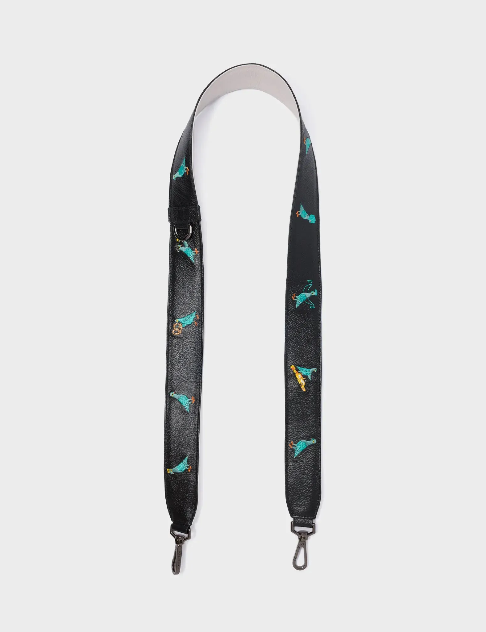 Detachable Black Leather Shoulder Strap - Pigeonista Embroidery