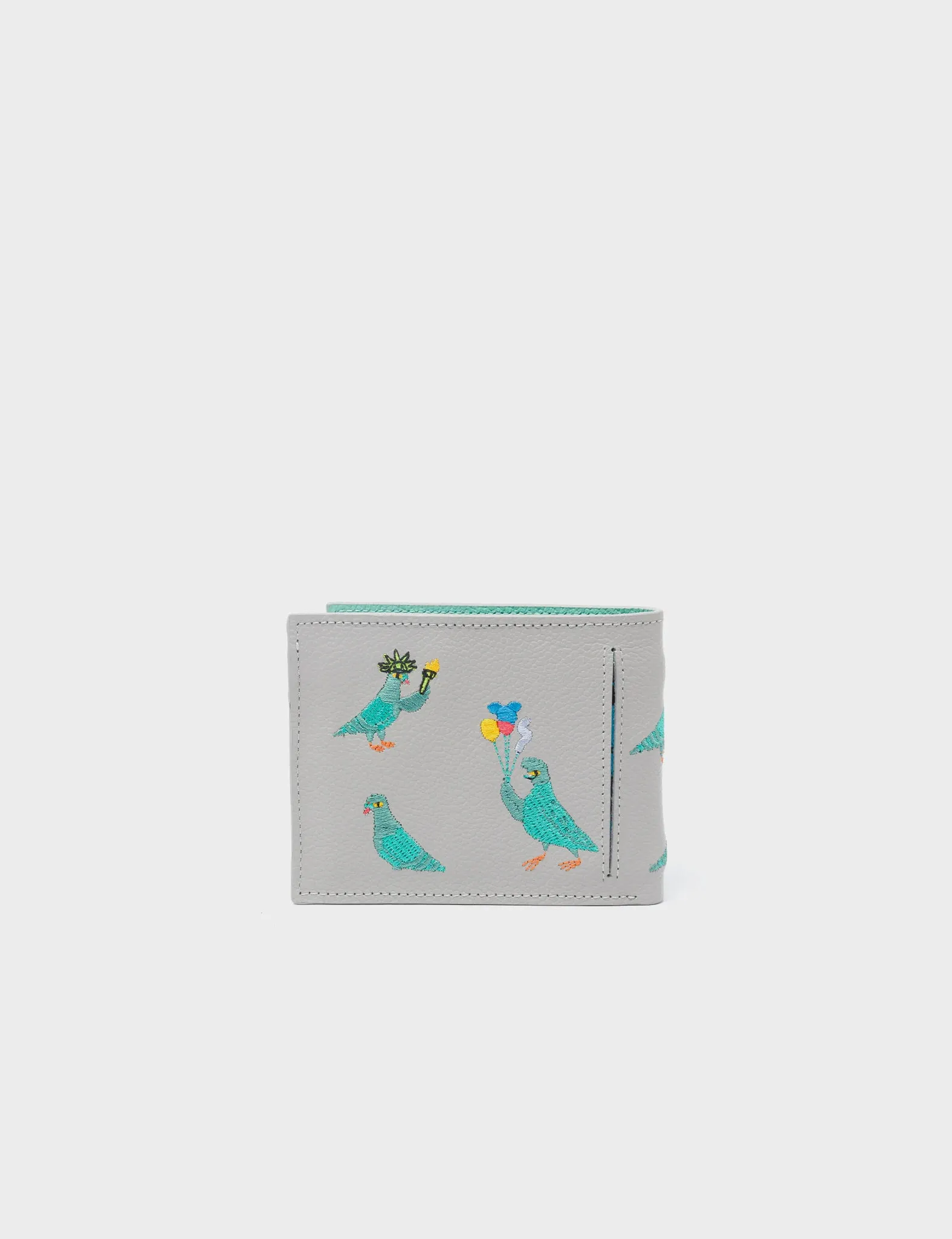 Felicia Moonwalk Gray Leather Bifold Wallet  - Pigeonista Embroidery
